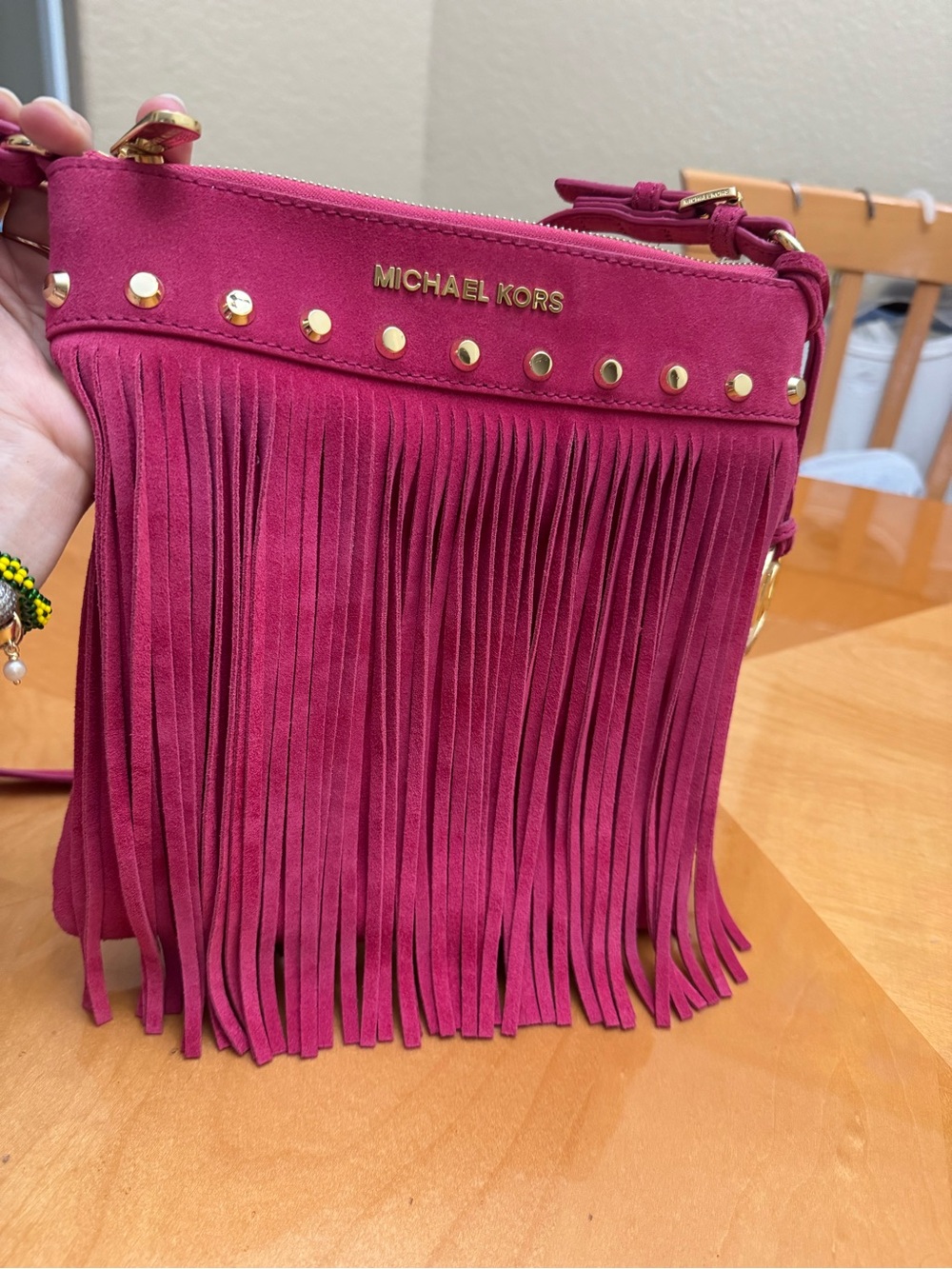 Michael Kors Fuchsia Suede Fringe Crossbody with Gold Accents